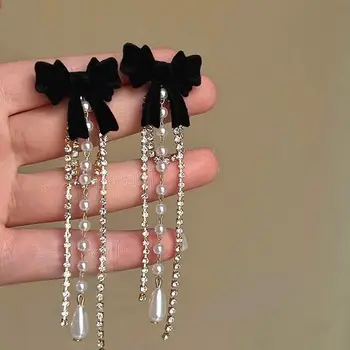 Vintage Black Red Flocking Bowknot Drop Earrings For Women 2025 Trend Crystal Pearl Long Tassel Earrings New Year Jewelry Gift