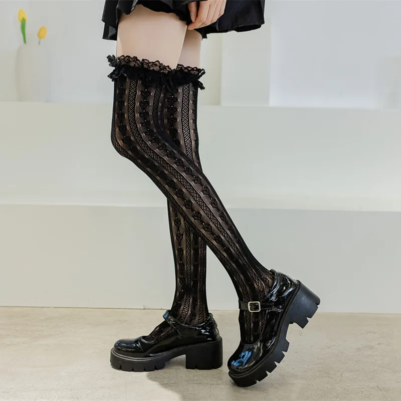 JK Woman Socks Lace Cute Black White Velvet Lolita Long Socks Sexy Knee High Socks Kawaii Cosplay Anime Ruffle Nylon Stockings