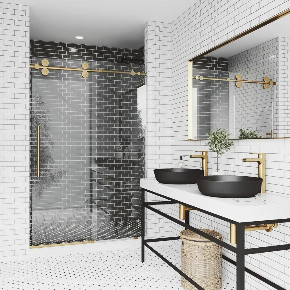 Adjustable Frameless Sliding Shower Door with Clear Tempered Glass, Matte Gold, 56-60 in. W x 74 in. H,  Shower Door 4