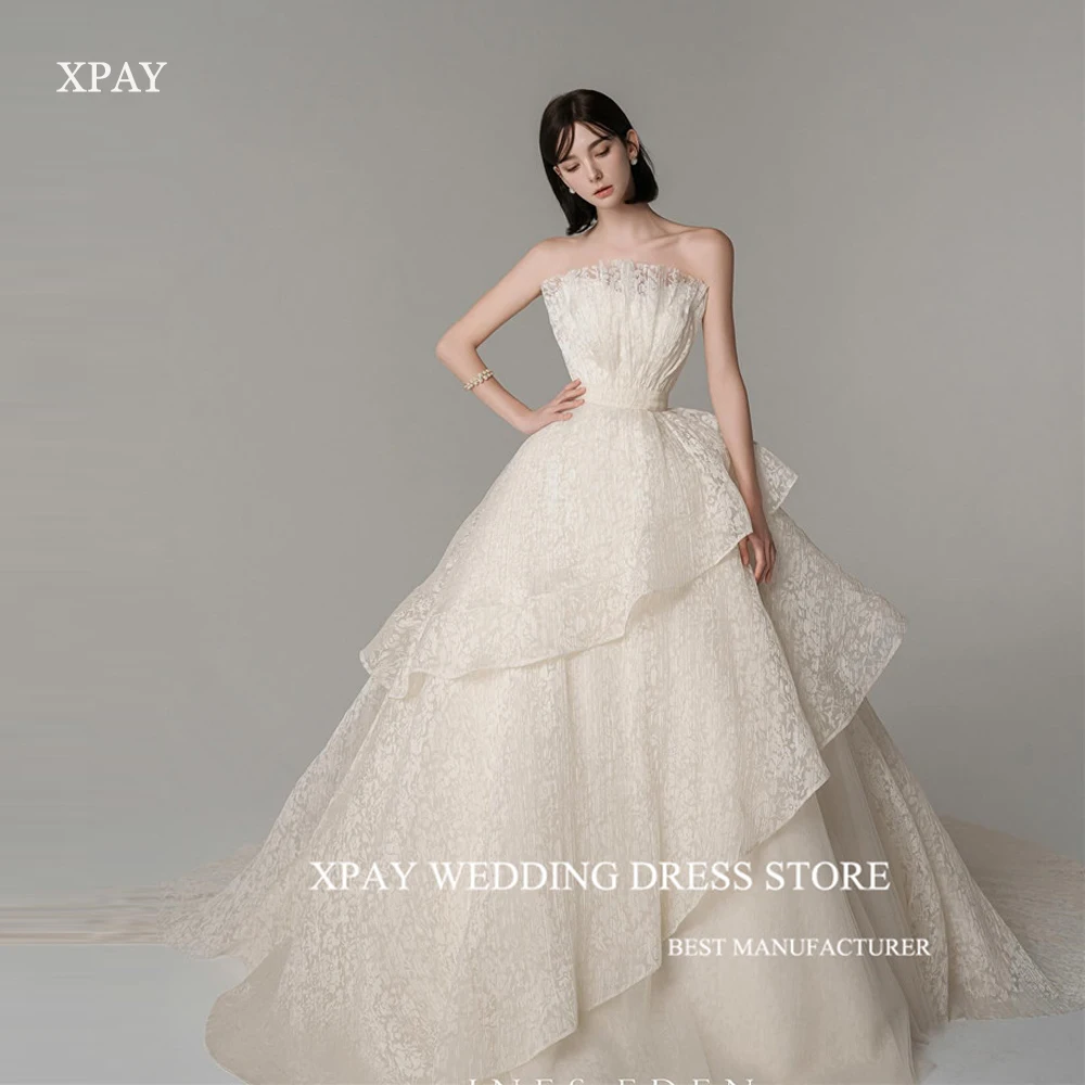 XPAY Exquisite Korea A Line Wedding Dresses Tiered Ruffles Strapless Sweep Train Bridal Gowns Custom Made Mariage