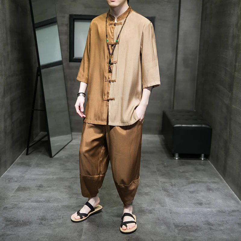 Han Chinese Clothing Suits Men's Spring and Summer Breathable Half Sleeve Shirt Retro Chinese Style Cropped Pants Two-Piece Suit