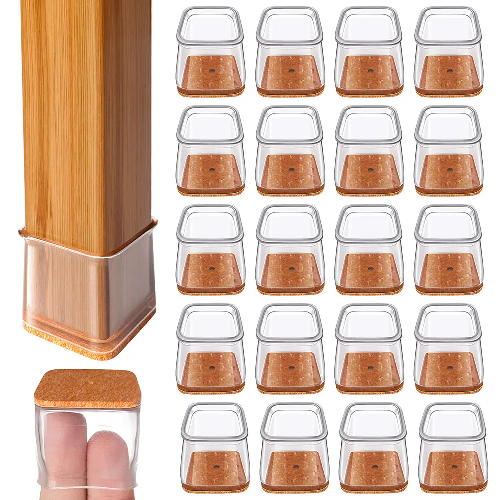 Clear Silicone Felt Floor Protectors – Square Chair Leg Caps (24-Pack) for Scratch-Free Hardwood Floors