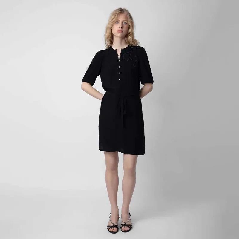 

Zadig Chic Elegant Woman Dress Summer 2023 Black Dresses Diamond Button Short Sleeve Blet Robes Female Viscose Crew Neck Robe