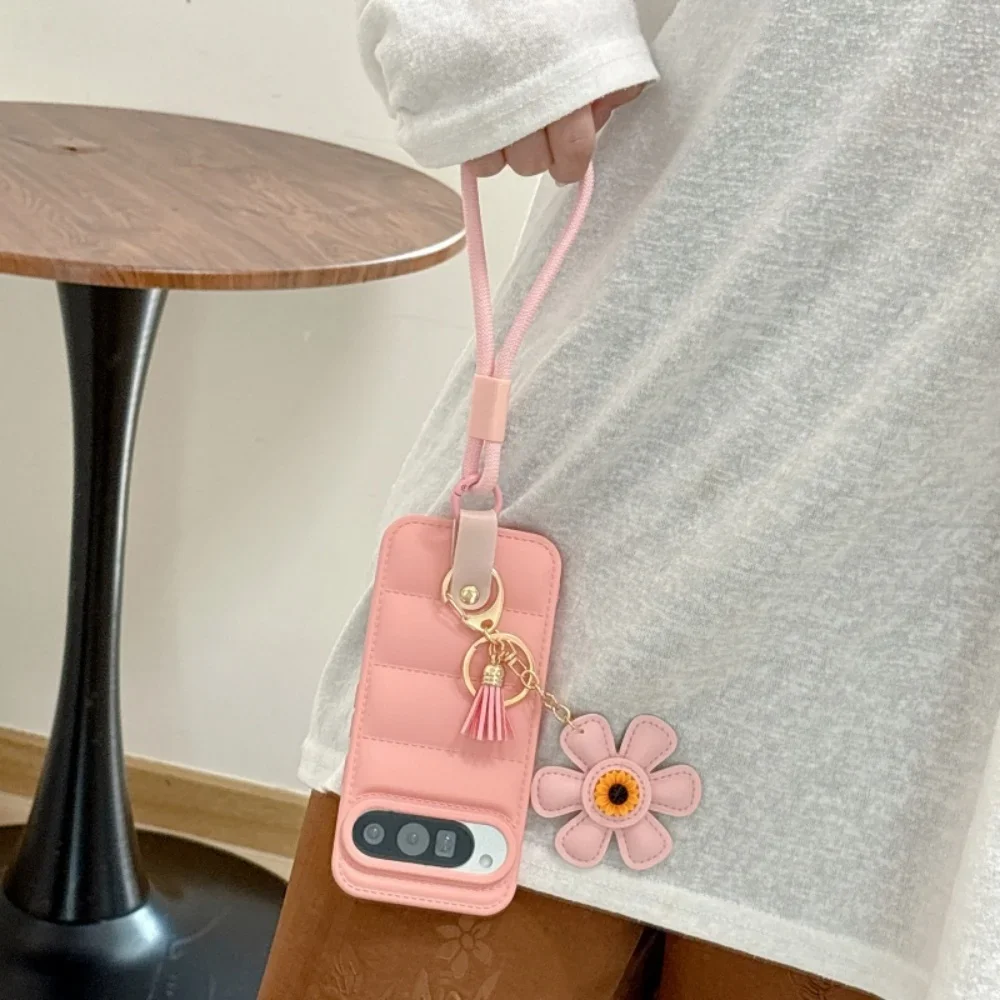 Cartoon Sunflower Down Jacket Lanyard Phone Case with Hand Wrist Strap - Soft TPU Cover