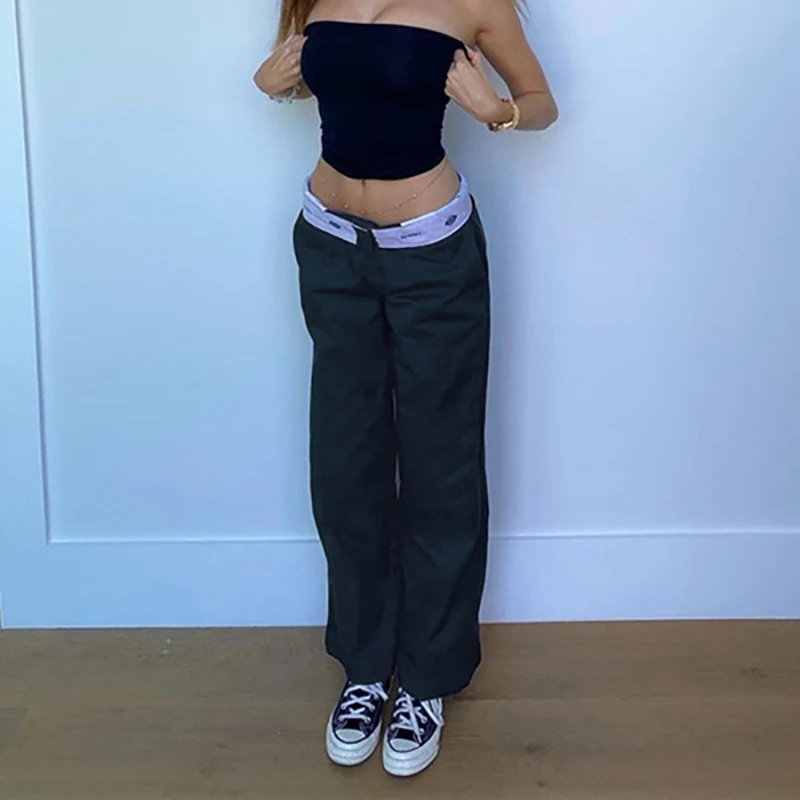 Y2k-pantalones rectos de cintura baja para mujer, pantalรณn informal con cremallera y letras, estilo Hippie Vintage, moda coreana, ropa de calle,