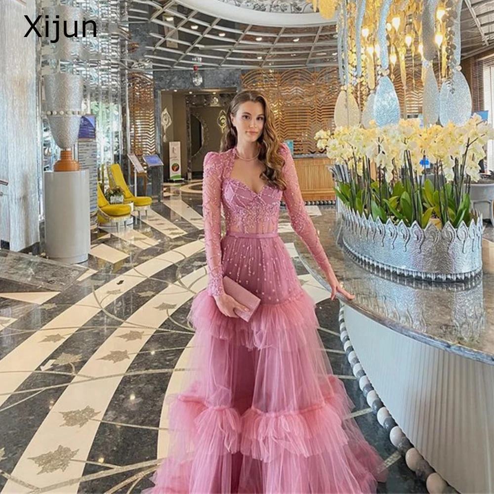 

Xijun Glitter Long Pink Evening Dresses Saudi Arabric Formal Prom Dresses Full Sleeves Prom Gowns Princess Vestidos2023 Gogerous