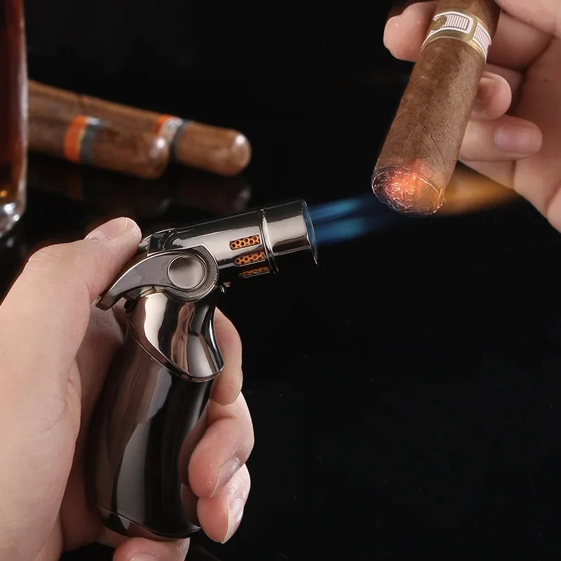 Creative Strong Firepower Butane Gas Lighter Turbo 4 Torch Blue Flame High Pressure Jet Straight Cycle Cigar Lighter Men's Gift 2