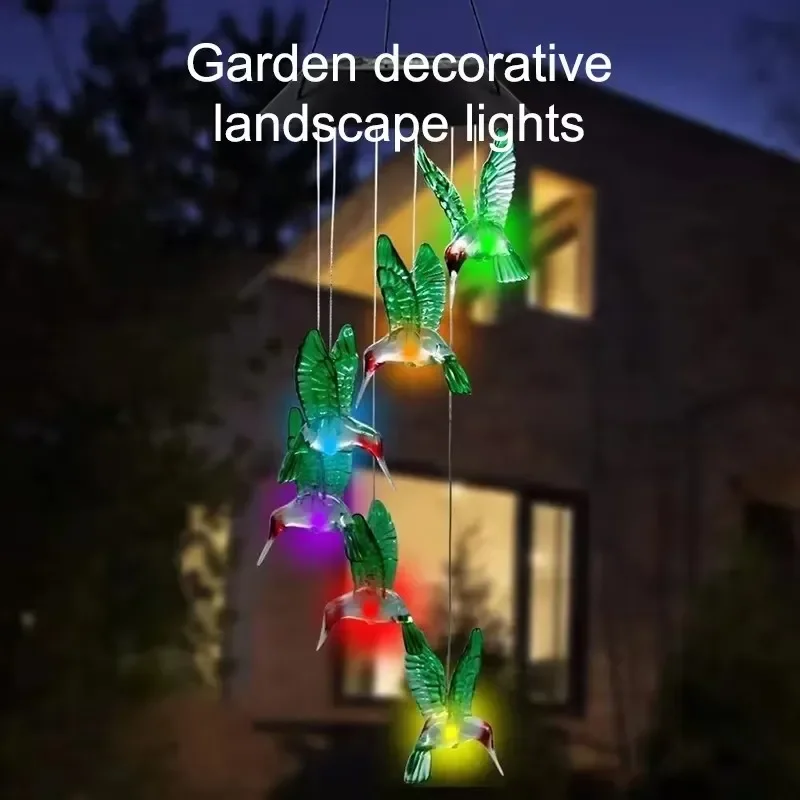 Christmas Solar Wind Chime Crystal Ball Hummingbird Wind Chime Lamp Waterproof Outdoor Use for Courtyard Garden Yard Decoration