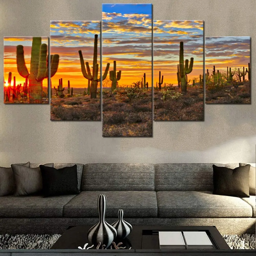 

5 Piece Arizona Desert Saguaro Cacti Mountains Phoenix Wall Mural Art Canvas Print Posters for Living Room Home Decor Paintings