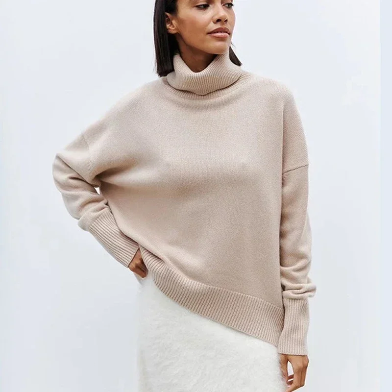 

Свитера с высоким воротником, Модные женские пуловеры на осень и зиму, вязаные топы, однотонная свободная одежда с длинным рукавом, новинка 30404