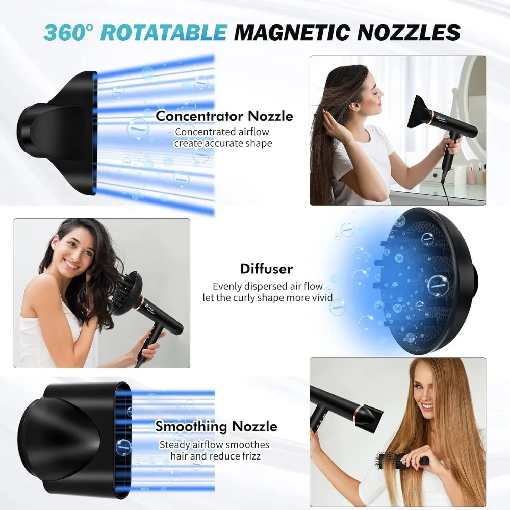 Ionic Hair Dryer Professional Blow Dryer With 3 Attachments 110000RPM High-Speed Brushless Motor For Fast Drying