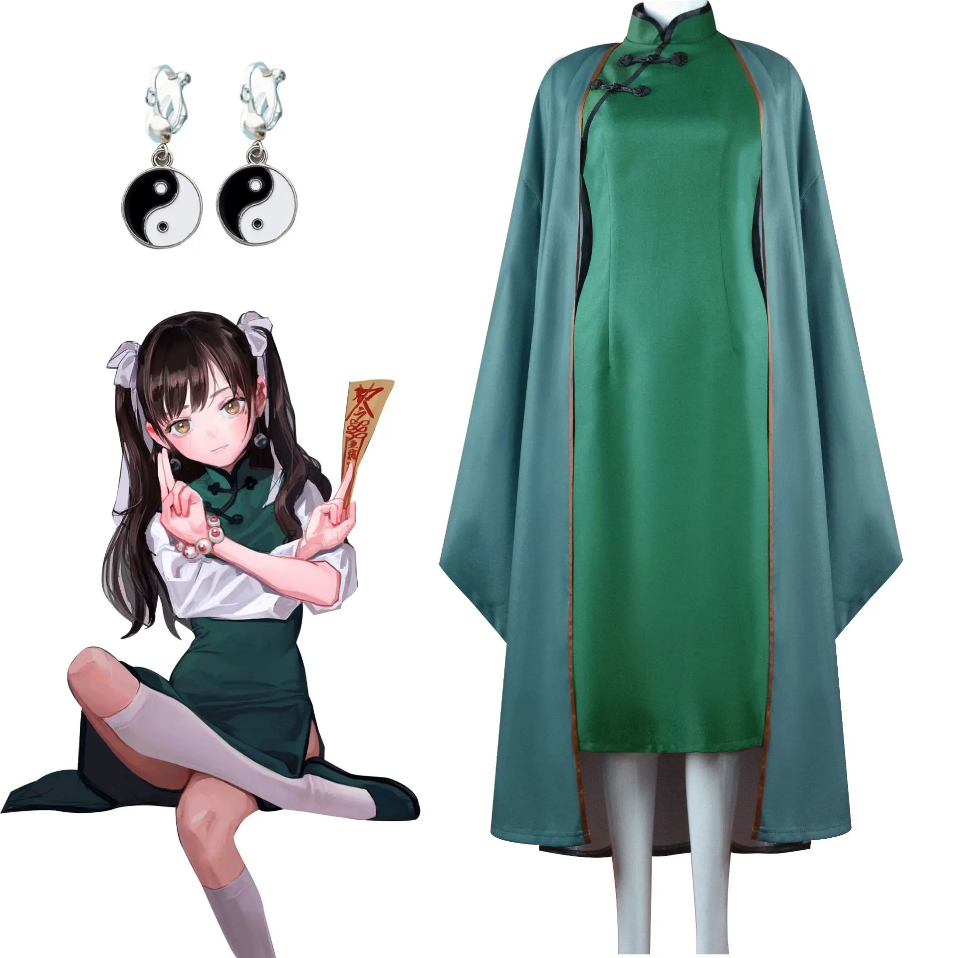 

Medicine Finger Cos Costume Ancient Style Qipao Role Play Green Plate Button Zhongmin Guoming Cosplay Clothes Girl
