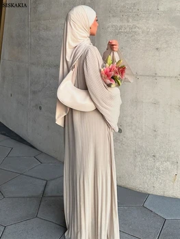 Siskakia Ramadan-Muslim Solid Wrinkle Dresses For Women's Dubai Moroccan Petal Sleeve Abayas O-Neck Elegant Kebaya 2024