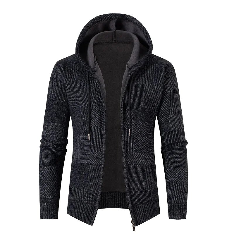 

2022 New Winter Thick Hooded Sweaters Men Casual Plaid Fleece Knitted Cardigans Fashion Slim Fit Knitwear Male Plus Size M-3XL