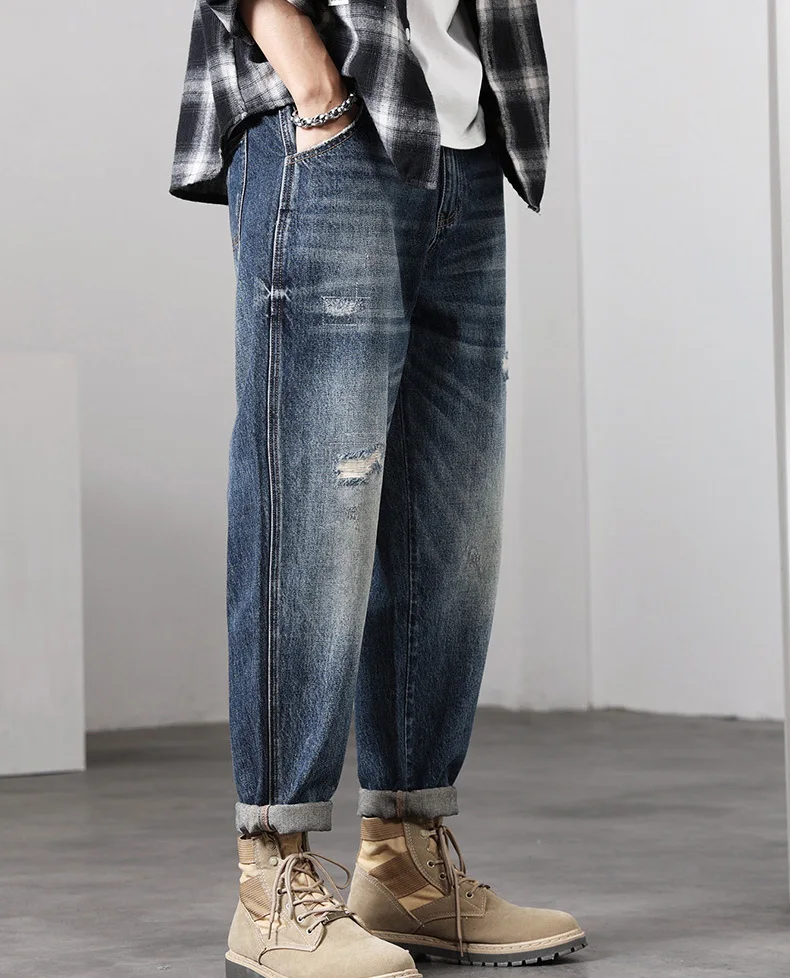 2024 New Fashion Men's Ripped Jeans Retro Casual Wide Leg Baggy Jeans Trendy Hip Hop Street Wear Y2K Men's Jeans Men's Clothing