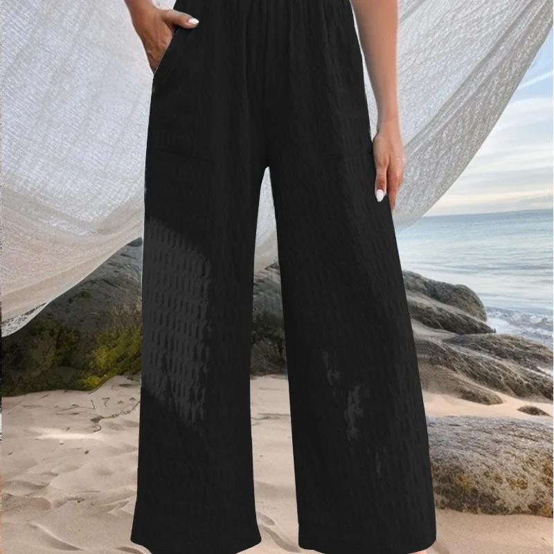 Spring and Autumn Women's Solid Color Elastic Patch Pocket Mid Waist Long Loose Fit Straight Sleeve Fashion Elegant Pants