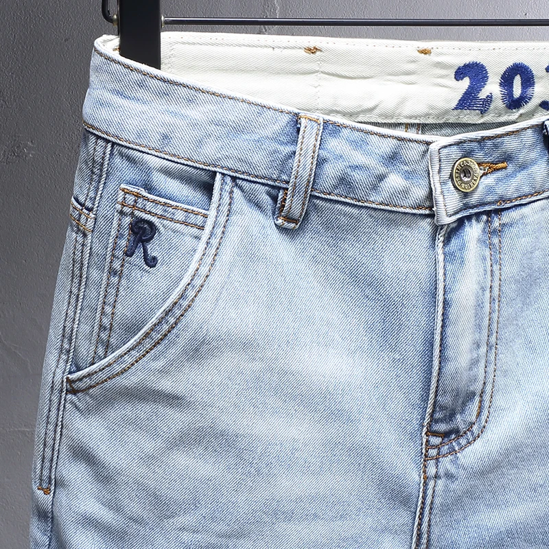 Fashion Designer Men Jeans Retro Light Blue Elastic Slim Fit Printed Jeans Men Korean Style Classical Simple Casual Denim Pants