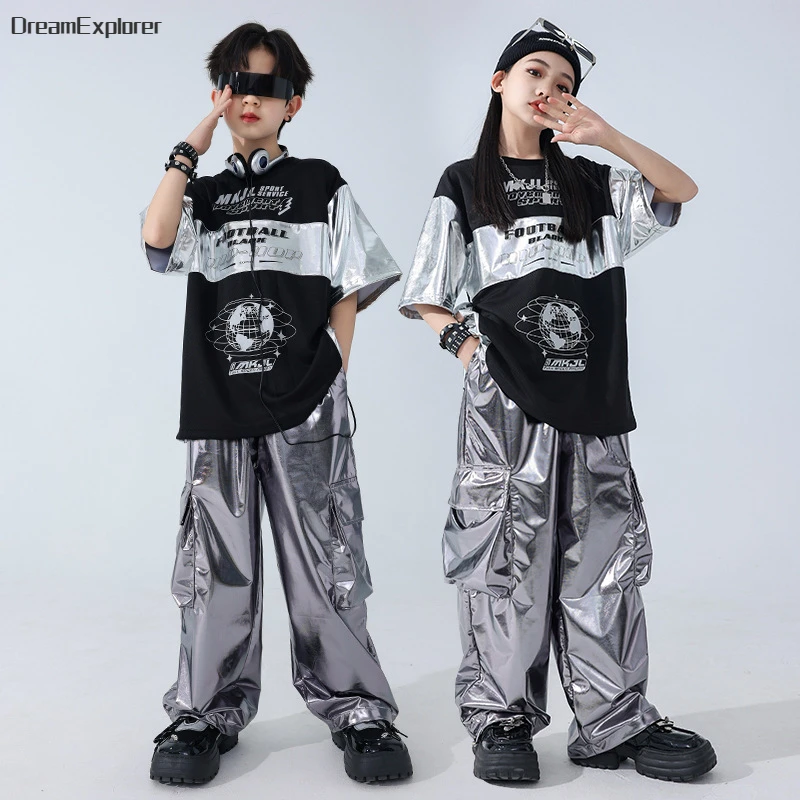 Jungen Hip Hop Patchwork T-shirt Silber Street Dance Cargo Hosen Mädchen Pailletten Streetwear Kinder Jazz Kleidung Kinder Bühne Kostüme