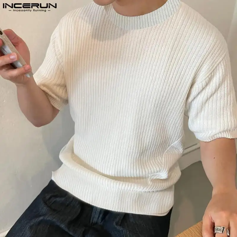 

Повседневные Простые Топы INCERUN, новинка, мужская вязаная футболка с круглым вырезом, стильные мужские однотонные универсальные простые футболки с коротким рукавом