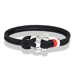 Navy Blue Braided Rope Bracelet with Stainless Steel Horseshoe Shackle - 17cm (Black)