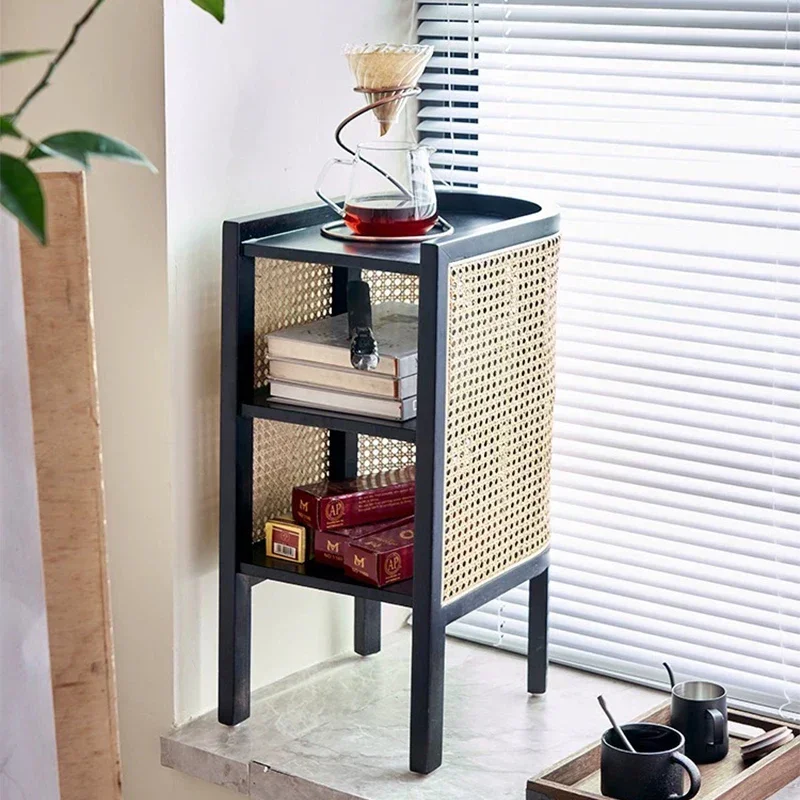 Nordic Double Layers Bedside Table Solid Wood Vine Weaving Storage Cabinet Bedroom Homestay Side Table Ins Modern Furniture