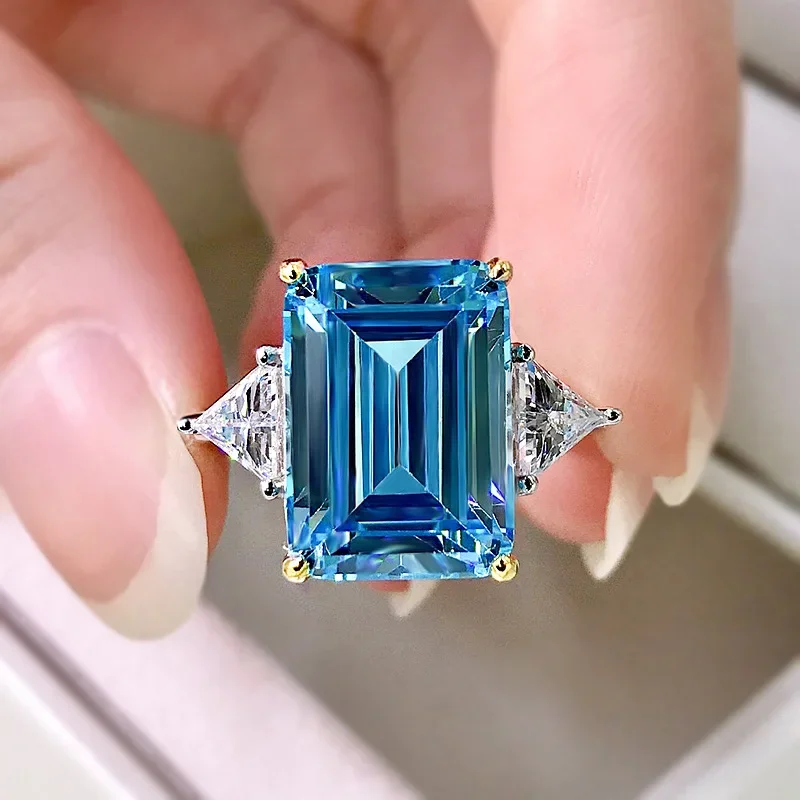 

New S925 Silver Ring Emerald Cut Rectangular Diamond Fairy Temperament Wedding Ring 10 * 14mm Diamond Ring