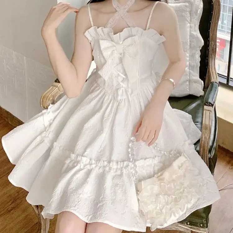 Summer dress Dress Solid White Color Crochet Spaghetti Strap V Neck Backless Tied Braces Short Dress for Girls bodycon dress