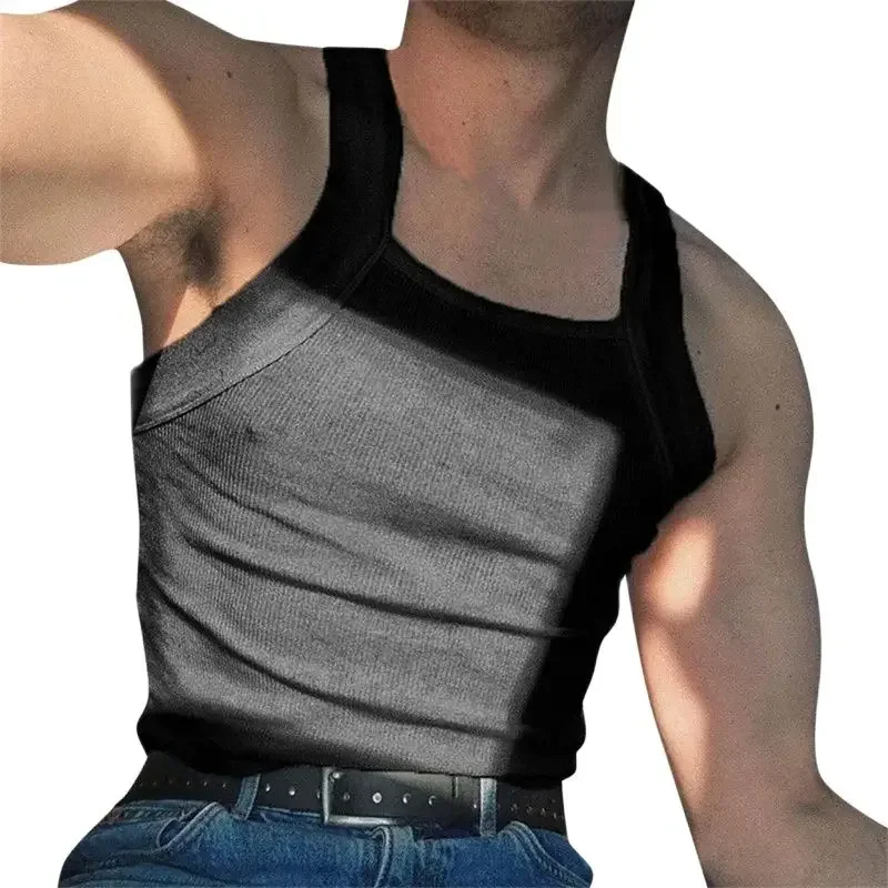 

Summer Men Crisp Casual Tank Tops Solid Color Pit-stripe Square Neck Suspenders Camis Tees Male Fitness Vest Sleeveless T-Shirt