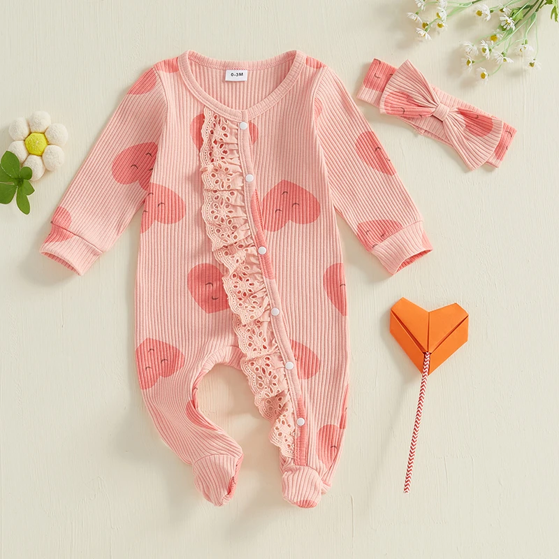 Baby Girls Footies Rompers Valentine's Day Clothes Heart Print Long Sleeve Lace Ruffles Infant Bodysuits with Headband 0-18M