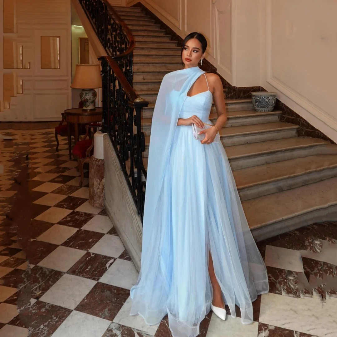 

Exquisite Lady Tulle Prom Dresses Light Blue 2024 Evening Dress Spaghetti Straps Side Slit Wedding Formal Occasions Party Dress