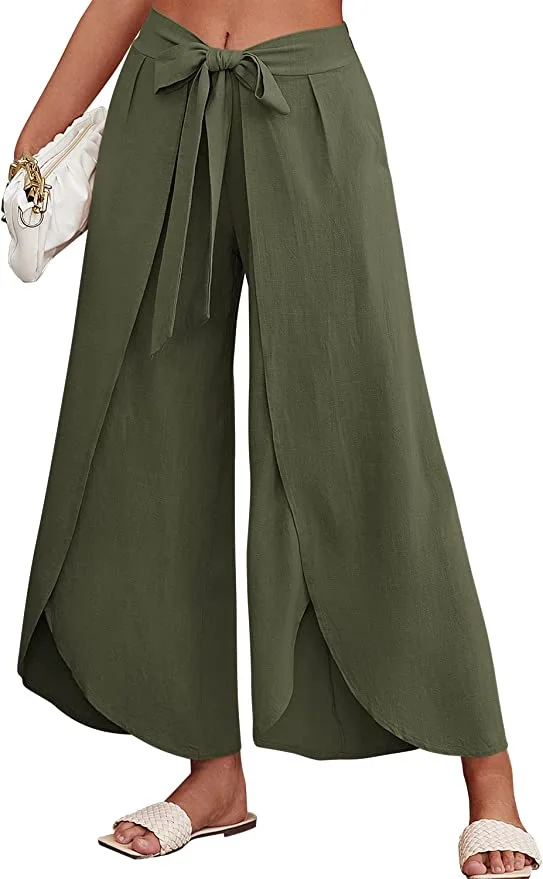 New Women's Bohemian Slit Wide Leg Belt High-waisted Trousers