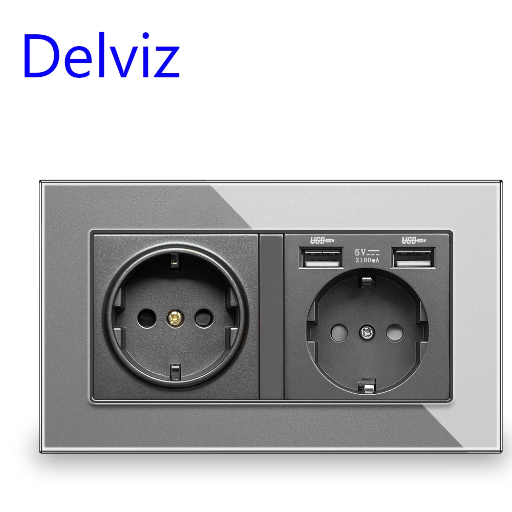 Delviz EU Standard wall socket, Tempered grey crystal glass panel,AC 110V~250V 146mm*86mm, 16A Power Wall Embedded Double Outlet