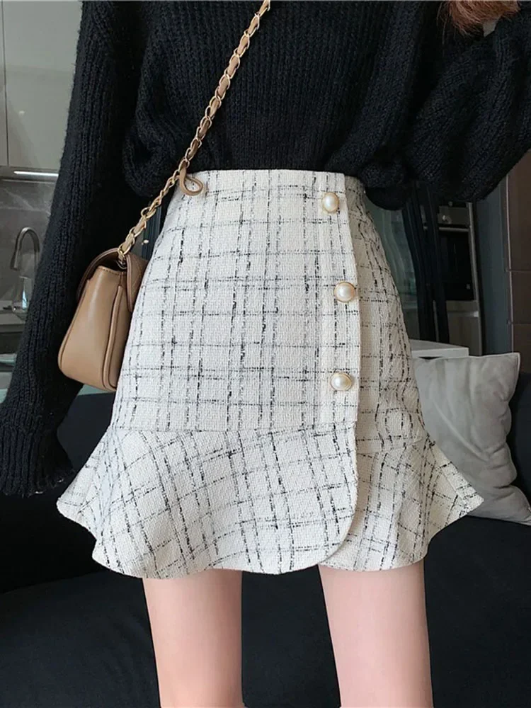 

High Waist A-line Wrap Hip Skirt Ruffle Black Fishtail Mini Korean Style Y2k Clothes Tweed Plaid s Faldas Mujer