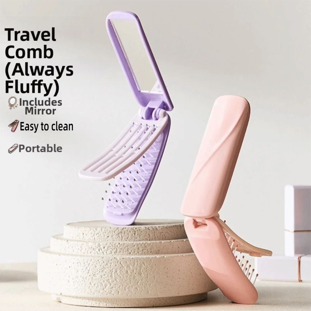 Gifts Self-cleaning Folding Pocket Mirror Comb with Mirror Portable Makeup Mirror Comb Hair Comb Essential for Travel