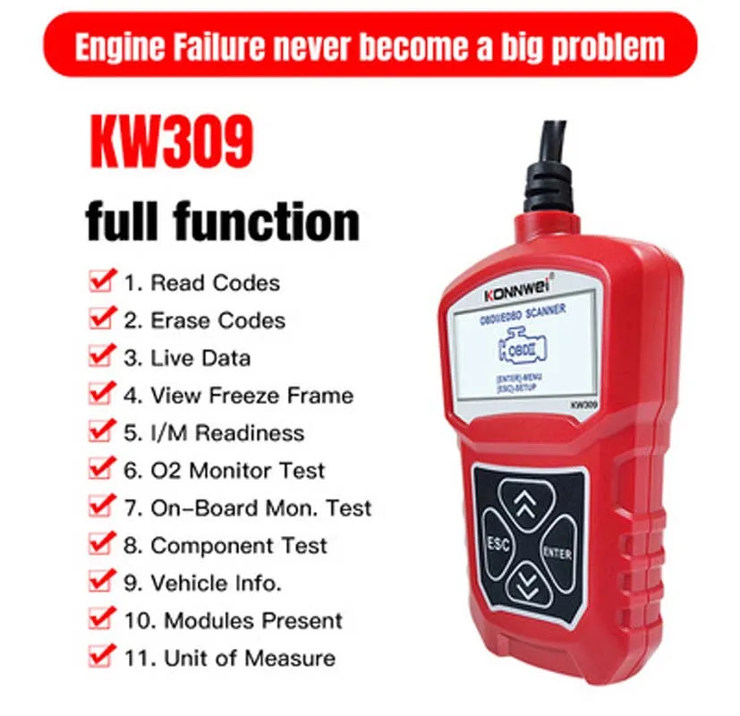 Konnwei Kw309 Obdii Auto Car Diagnostic Scanner Tool Obdii/2 Lettore Di Codici Eobd Scanning Machine 7 Lingue Car Obdii Scanner
