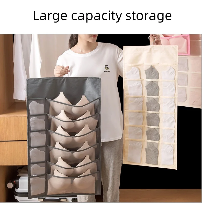 Beige Bedroom Closet Underwear Storage Bag Household Wall-Hanging Double-Sided Storage Fabric Bra Socks Briefs Organizer Rack 4