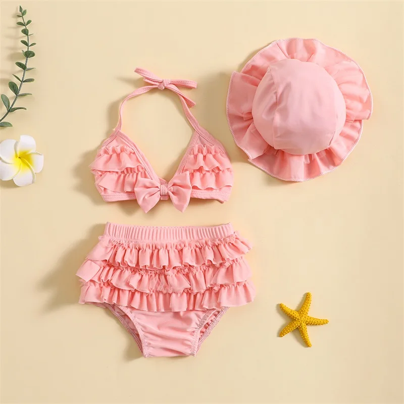 Fashion Summer Newborn Baby Girls Swimwear Bikini Set Cute Bowknot Hanging Neck Tops + Layered Ruffle Shorts + Hat Beachwear 1