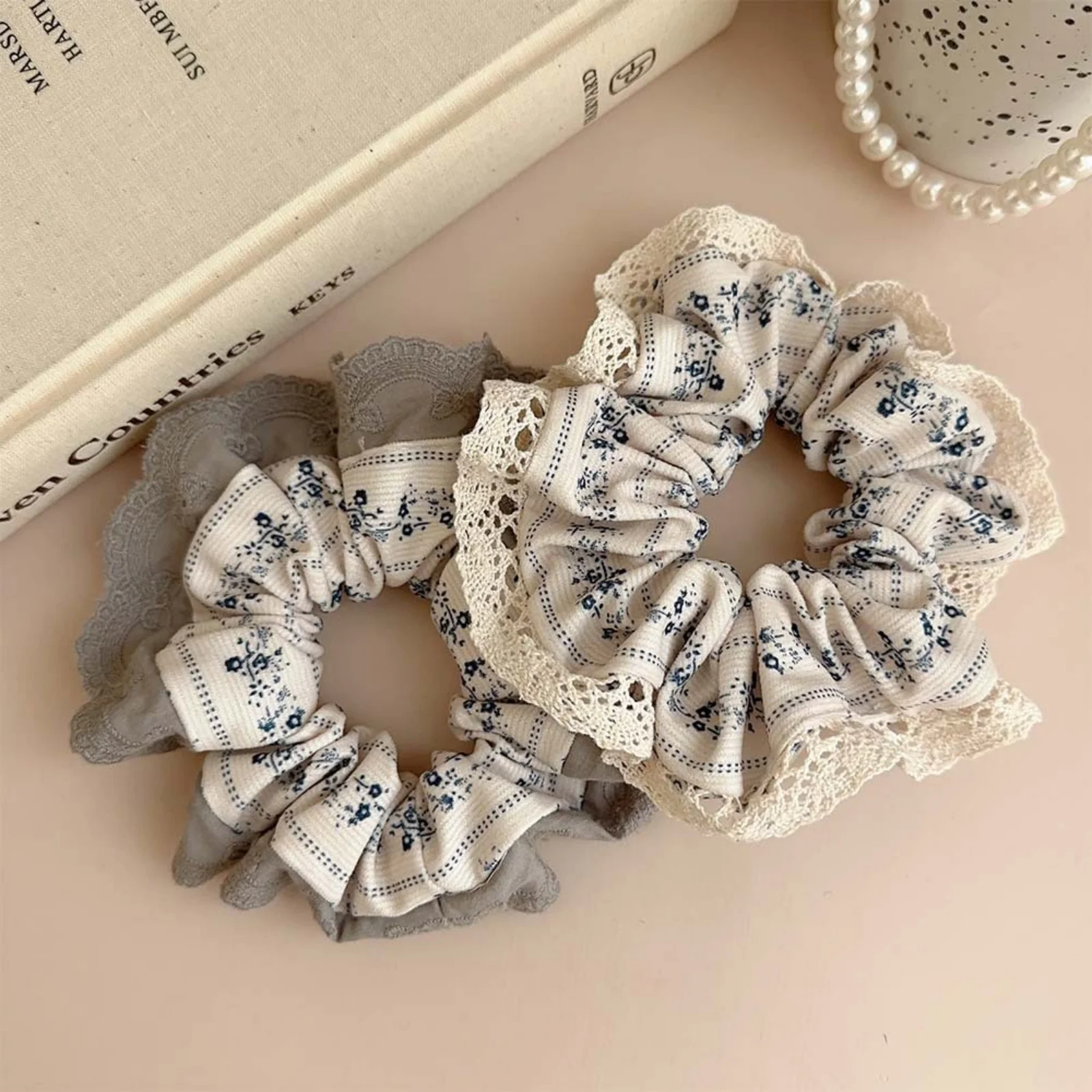 1PC Sweet & Cute Floral Scrunchies with Lace Trim, Vintage - Style Hair Ties, Adorable Hair Accessories for Women