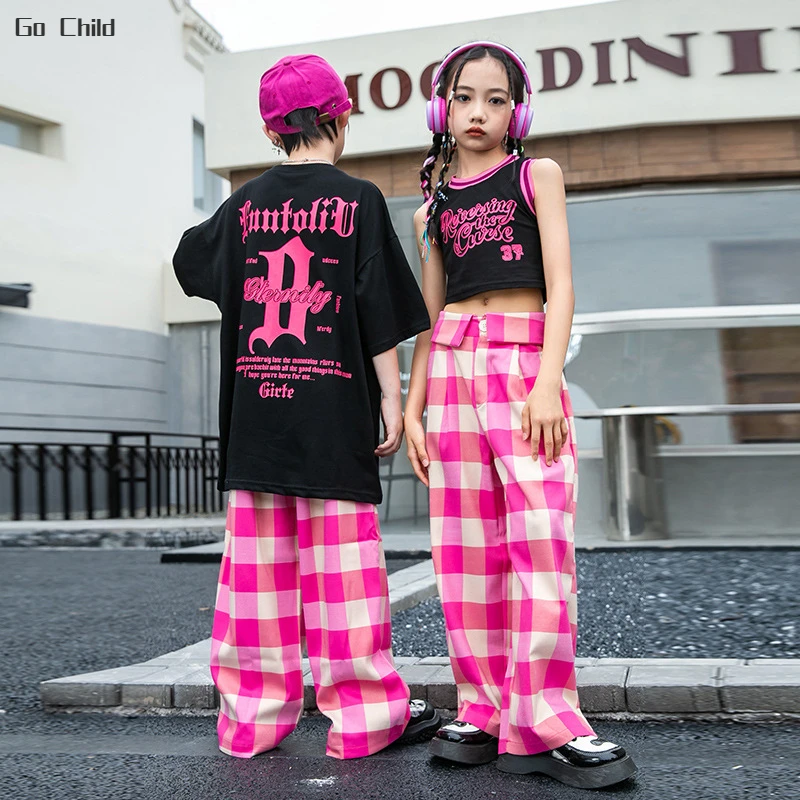 Hip Hop Girls Crop Top Plaid Pants Boys Loose T-shirt Street Dance