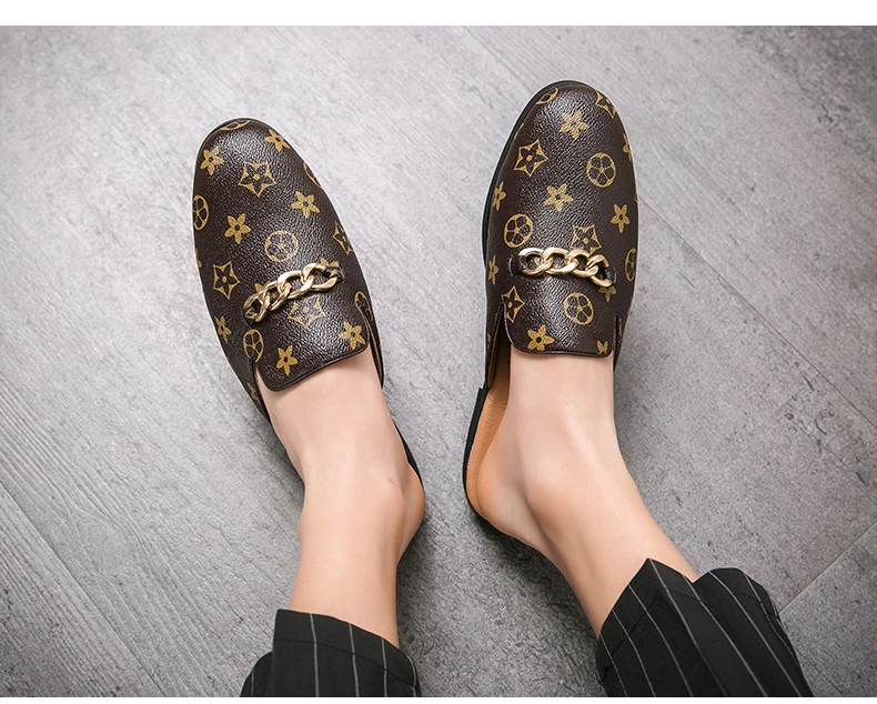 Cow Genuine Leather Summer Slip-On Shoes Large Size  Embroidered Flat Mules with Slingback And Metal Chain Detail