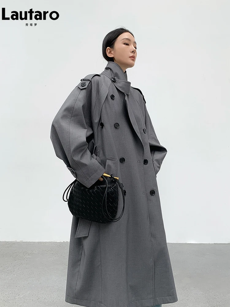 Lautaro Spring Autumn Oversized Khaki Long Grey Trench Coat for Women Double Breasted Loose Casual Korean Fashion Overcoat 2024 4