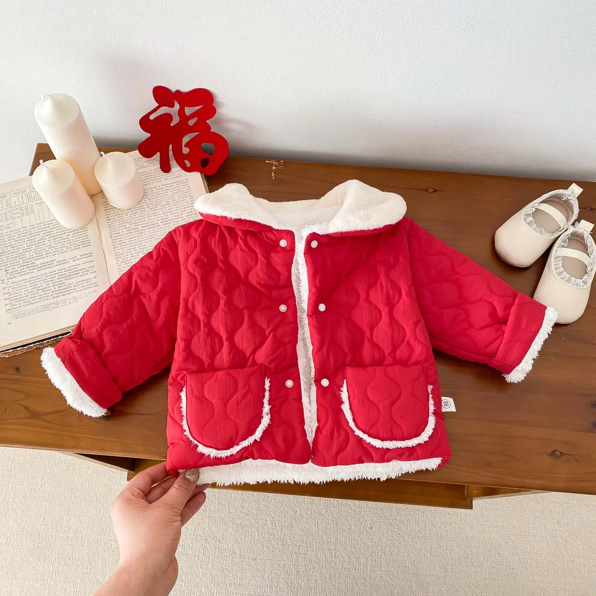 Ins Baby fleece-lined Winter Baby Clothes for Boys and Girls Rhomboid liahmian Cardigan Lapel Korean-style Newborn Warm Cotton-p