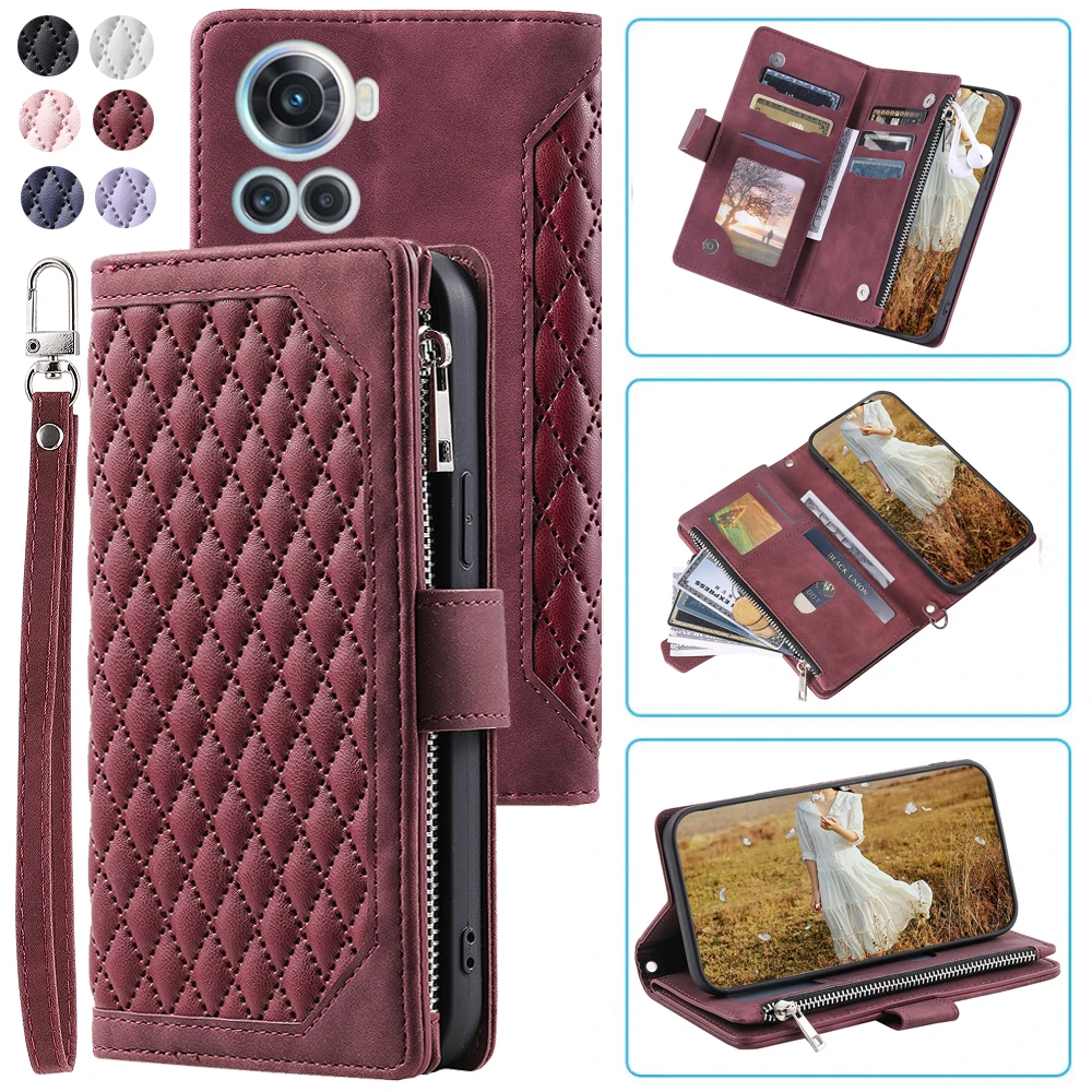 Fashion Zipper Wallet Case For OnePlus 10R Flip Cover Multi Card Slots Cover Phone Case Card Slot Folio with Wrist Strap