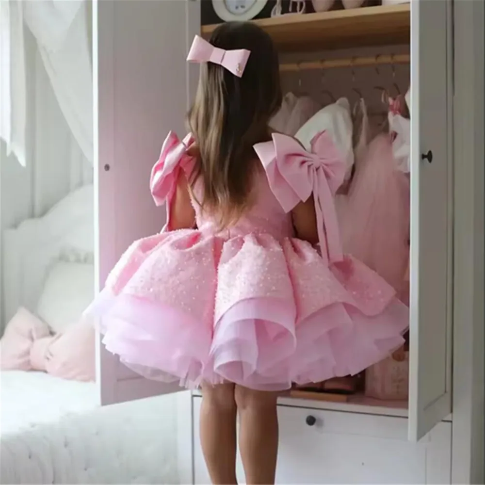 Pink Flower Girl Dresses For Wedding Sequins With Bow Knee Length Cute Princess Birthday Party First Communion Gown flower girl dresses