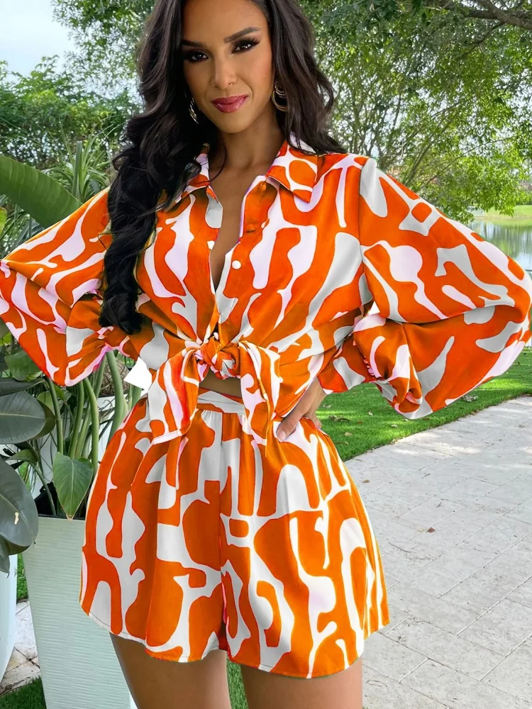 Wmstar Two Piece Sets Women Wholesale Loose Printed Button Top Shirt Casual Women's Shorts Set Summer 2025 Beach Outfits