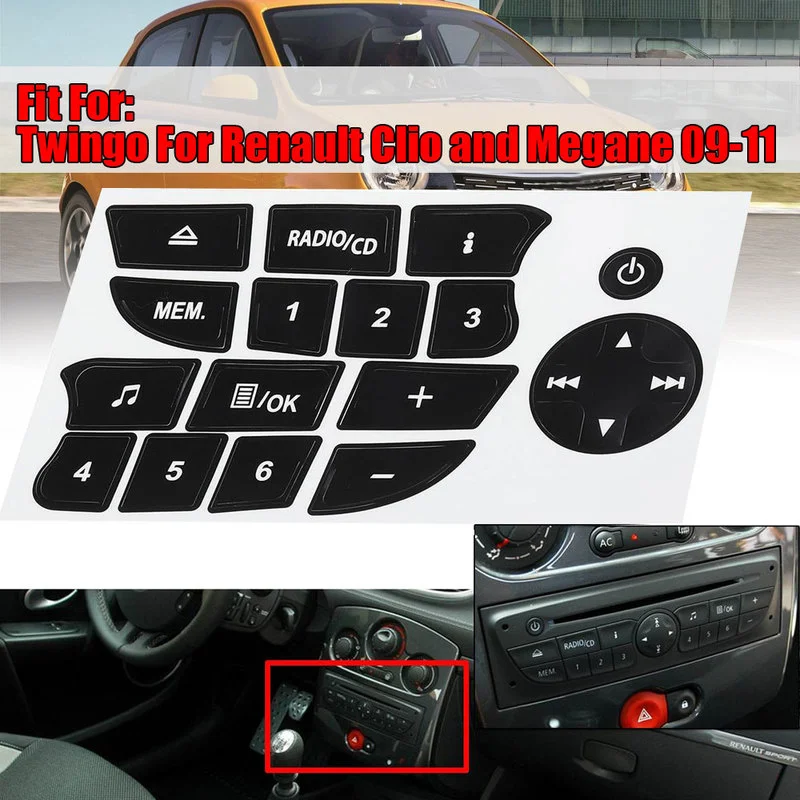 Car Button Repair Stickers For Twingo Renault Clio Megane 2009-2011 CD Radio Audio Button Repair Decals Black