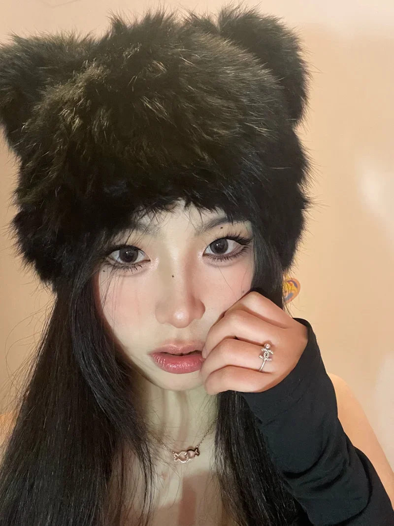 Black bear ears rabbit fur hat cute plush wrap head cap cold warm fur cap Y2k Girls Korean Hats Knitted Hat 3