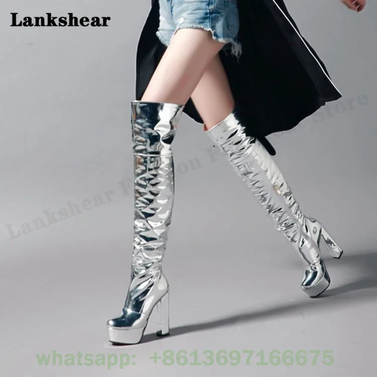 Silver Thigh High Boots Women Patent Leather Platform High Chunky High Heels Boots Round Toe Modern Funky Over The Knee Boots