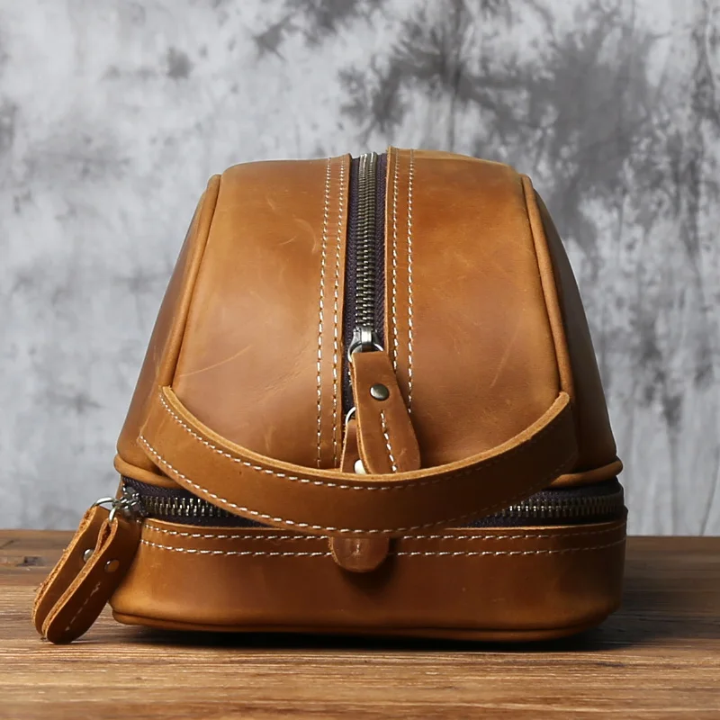 NZPJ Vintage Genuine Leather Toiletry Bag Top Layer Cowhide Makeup Bag Crazy Horse Skin Men's Handbag Tablet Computer Bag