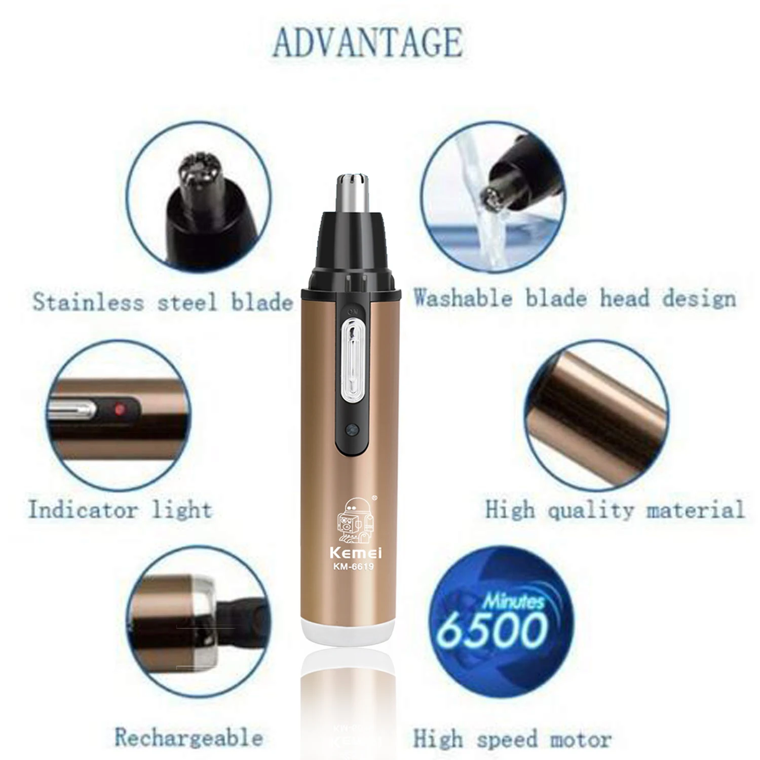Kemei KM-6619 Nose Hair Cleaner Modern Design Portable Safety Rechargeable Personal Nose Ear Hair Removal Trimmer Home Travel 4